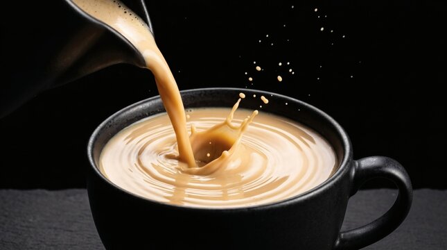 Pouring Fresh Coffee into a Black Mug with a Splash and Ripple.
