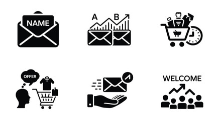 Email marketing icons set offer A/B testing shopping cart customer journey vector illustration © MDRifat