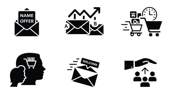 Digital marketing icons set email campaign A/B testing shopping cart vector illustration