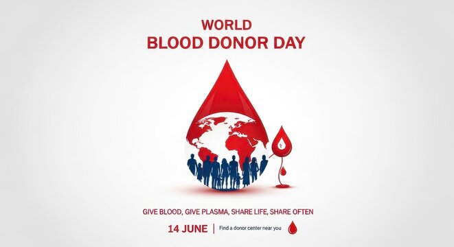 Blood donation awareness poster with red drop symbol and diverse community support illustration