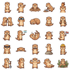 Fototapeta premium Brown marmot groundhog characters in different funny situations