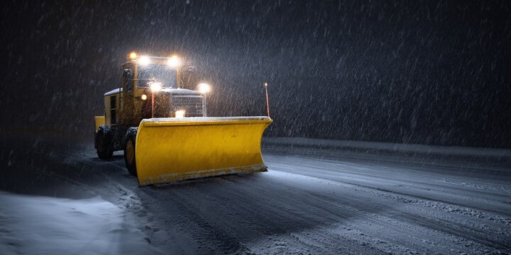 Industrial snow plow clearing snowy road at night high contrast lighting in urban environment