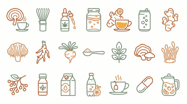 Functional wellness and adaptogenic beverage icon set featuring flat line vector icons for mushroom coffee matcha kombucha and healthy drinks isolated on white background
