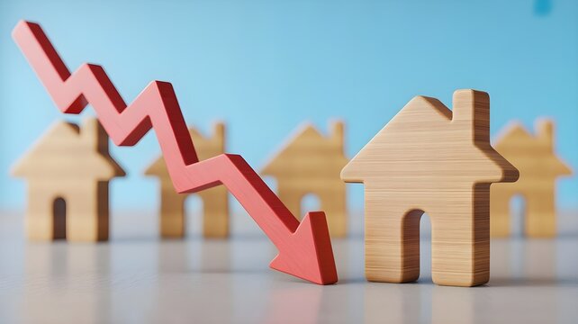 Housing market decline concept with wooden houses and red arrow