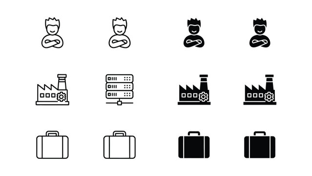Four sets of icons depicting different professions and their associated tools or workplaces