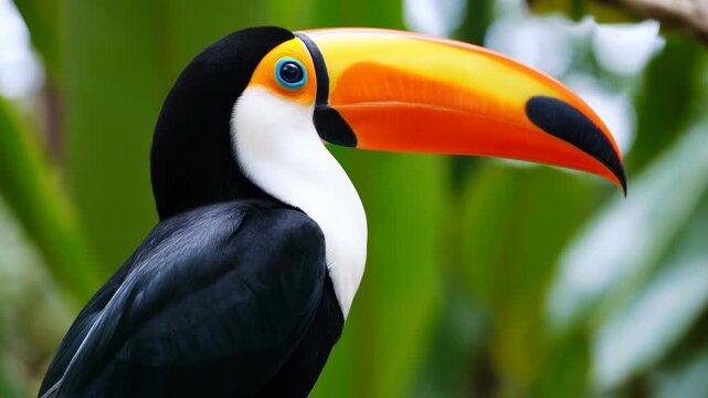 Closeup Of Toucan Among Lush Greenery. Vivid Toucan With Bright Beak In Dense Rainforest Setting