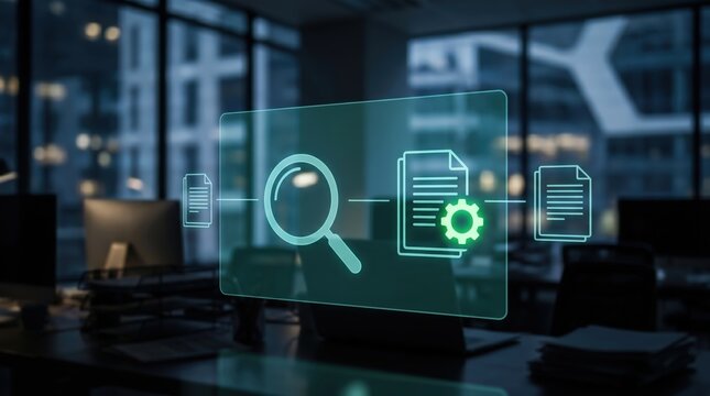 Automated Document Audit Concept: Razor Sharp Holographic Magnifying Glass Interacting with Glowing Data and Gear Interface