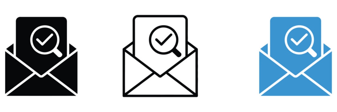Email validation icons search magnifier checkmark email verification symbol vector illustration