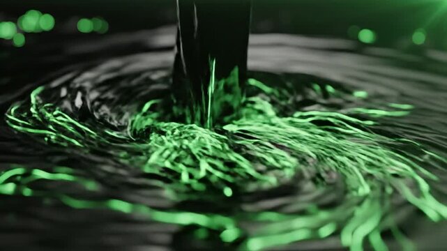 Liquid vortex forms a swirling green pattern of energy that represents fluid dynamics and the powerful flow of chemical reactions within a dark industrial environment.