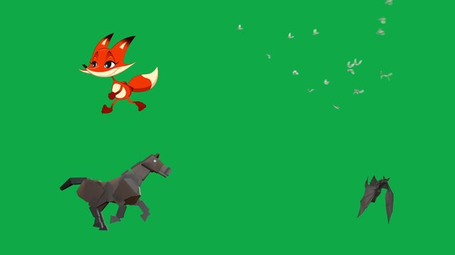 Fox Flock Horse Bat animation on green screen chroma key background flat lighting no shadow flush edge isolated minimal animated character perfect compositing vfx asset high quality render video hd