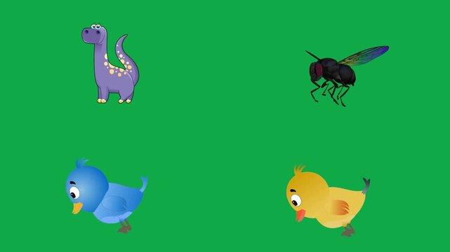 Dino Fly Bird Chick animation on green screen chroma key background flat lighting no shadow flush edge isolated minimal animated character perfect compositing vfx asset high quality render video ui