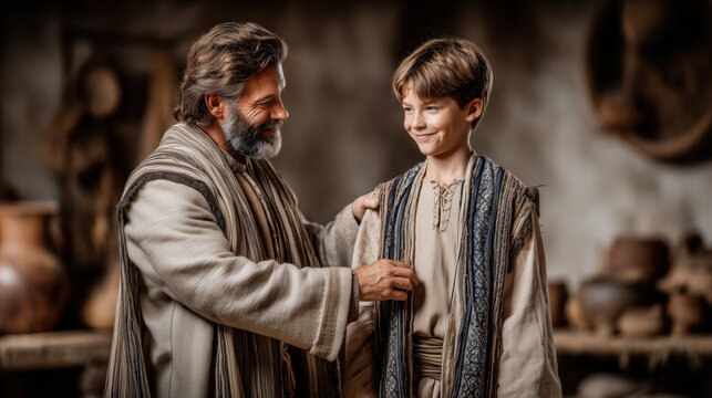 Jacob giving Joseph a new richly colored robe, emotional biblical scene of fatherly love and favor, warm light, symbolic moment foreshadowing jealousy and future events