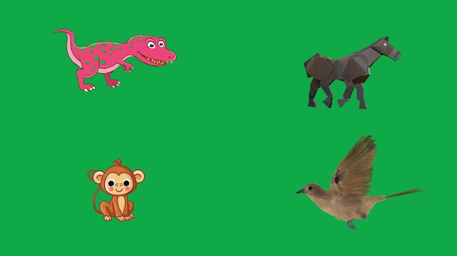 Dino Horse Monkey Hawk animation on green screen chroma key background flat lighting no shadow flush edge isolated minimal animated character perfect compositing vfx asset high quality render video
