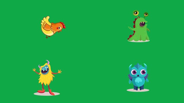 Chicken Monster Alien Creature animation on green screen chroma key background flat lighting no shadow flush edge isolated minimal animated character perfect compositing vfx asset high quality