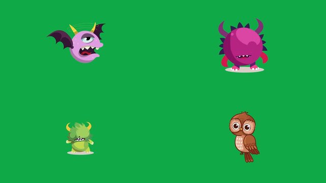 Monster Bat Alien Owl animation on green screen chroma key background flat lighting no shadow flush edge isolated minimal animated character perfect compositing vfx asset high quality render video