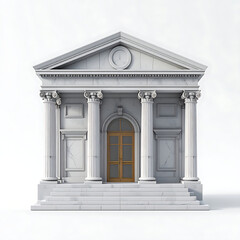 Obraz premium Isolated classical bank building facade with columns and golden doors, representing finance and architecture, neutral background