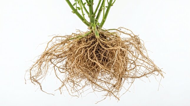 Detailed Close-Up of Plant Roots Isolated on a White Background.