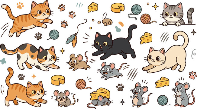 Cute Cartoon Cats and Mice Chasing Vector Illustration Set with Yarn Ball Cheese Paw Prints and Playful Kittens