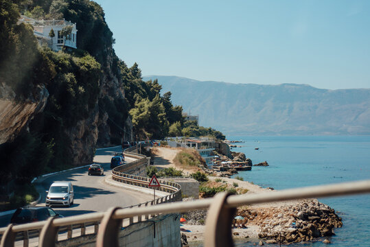 Winding coastal road along the Albanian Riviera near Vlore, Albania