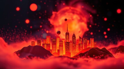 Obraz premium Futuristic cityscape glows amid red mist, stars. Dramatic lighting creates intense, otherworldly scene. Minimalist design emphasizes shapes, colors.