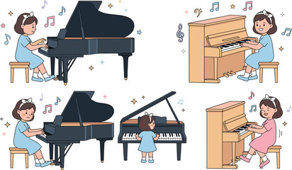  Cute Cartoon Little Girl Playing Piano Vector Illustration Set with Grand Piano Upright Piano and Music Notes © Ratna