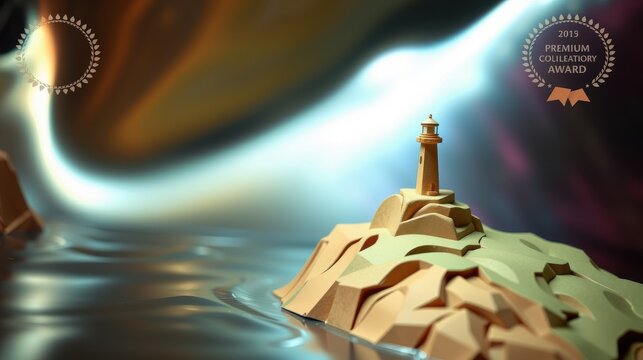 Stylized lighthouse sits atop geometric island. Soft lighting creates dreamlike, abstract scene. Awards flank composition.