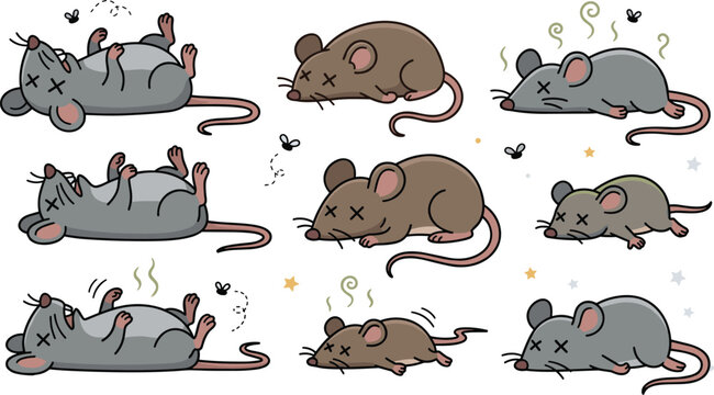 Cute Cartoon Dead Mouse Vector Illustration Set with Funny Dizzy Mice in Different Poses and Comic Expressions