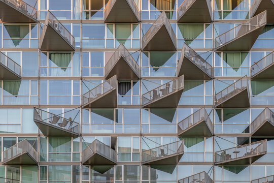 VM Houses Modern Architecture Close Up with Triangular Balconies, Glass Facade, Residential Building, Copenhagen
