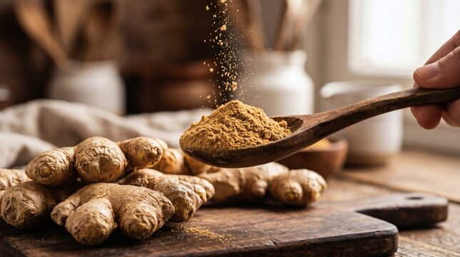 Fresh Ginger Root and Ground Spice on Wooden Spoon for Culinary Use.