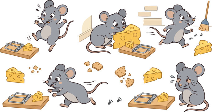 Cute Cartoon Scared Mouse with Trap and Cheese Vector Illustration Set Showing Funny Emotional Poses and Expressions