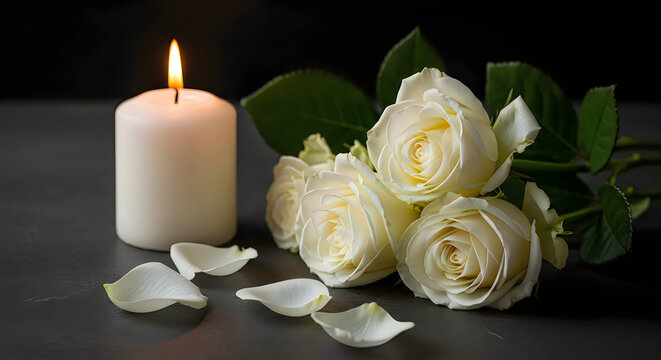 Romantic composition of white roses and a lit burning candle with scattered petals on a dark moody surface romantic sympathy