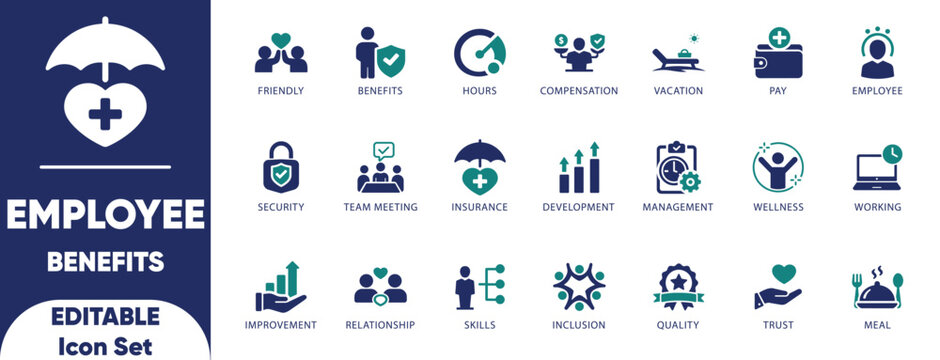 Employee Benefits Icon Set. friendly, hours, insurance, mental, mobility, pension, wellness, working, illustration, and solid icons. 