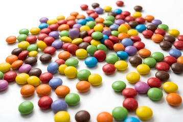 Obraz premium Colorful candies scattered on white surface with a variety of hues