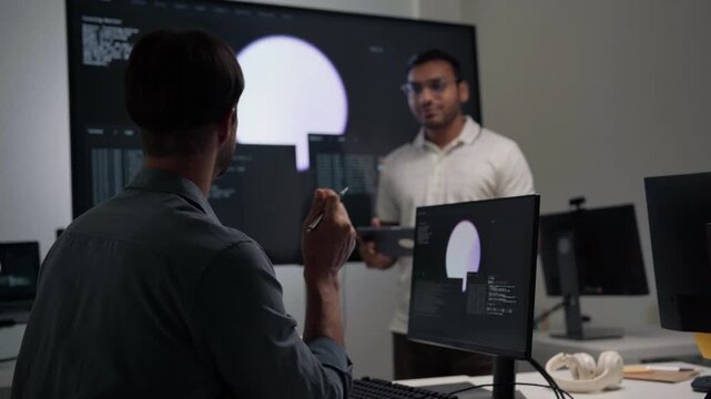 Adult indian engineer programmer presentation coding AI artificial intelligence algorithm coder training monitor developer expertise programming IT technology career