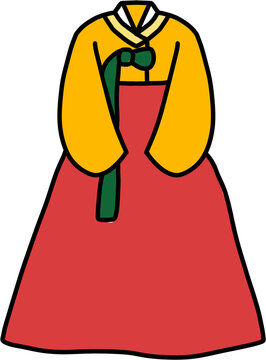 Hand drawn Korean traditional red hanbok dress clipart illustration