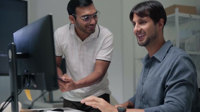 Engineer man indian latin success teamwork and high five for developr programmer coding AI artificial intelligence algorithm coder training monitor