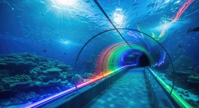 Underwater Tunnel with Colorful Lights and Marine Life.
