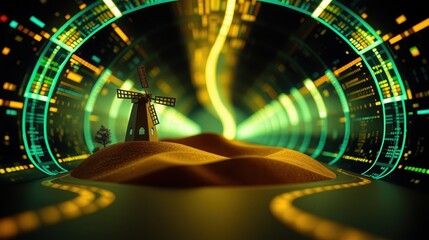 Obraz premium Futuristic scene. Windmill atop hill. Bright lights form tunnel. Digital elements surround landscape. Dramatic lighting creates depth.