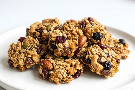 Close up of assorted granola cookies with nuts and dried fruit on a plate