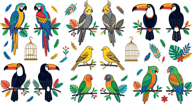 Colorful Tropical Bird Icon Set with Parrots, Toucans, and Cockatiels on Branches with Exotic Leaves and Birdcage Elements