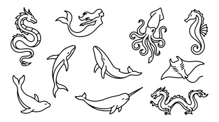Mythical sea creatures line art collection, hand drawn aquatic animals and monsters vector set, black and white mermaid and dragon illustrations © Sidra
