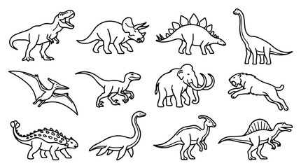 Dinosaur line art icons set, prehistoric animal vector illustrations, 12 black and white outline dinosaurs for coloring books and educational design © Sidra