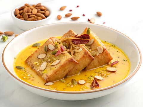 Shahi tukda royal bread pudding with saffron and nuts, isolated