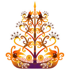Indigenous Borneo art pattern with stylized hornbill figures, intricate cultural tree of life motif, traditional Southeast Asian decorative design © Crish