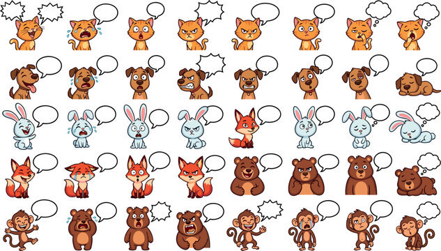 Cute Cartoon Animal Speech Bubble Set with Cat Dog Rabbit Fox Bear and Monkey Showing Different Emotions for Stickers