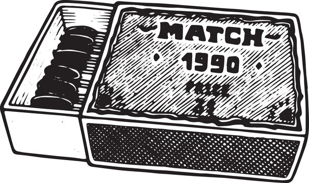 Vintage retro matchbox illustration in hand drawn line art style