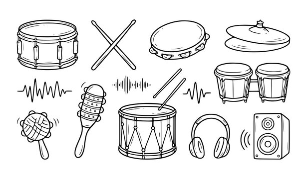 Hand Drawn Drum and Percussion Instrument Doodle Icons with Tambourine Cymbals and Drumstick Symbols Vector