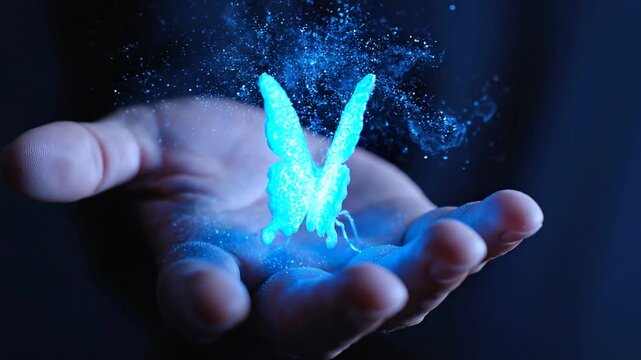 Glowing digital butterfly and technology innovation rising from a human hand. Concept of artificial intelligence transformation and data particles in a futuristic blue light connectivity scene.