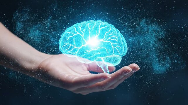 Artificial intelligence and neural network transformation through human cognition. Glowing digital brain made of luminous blue particles rising from a cupped human hand on a dark navy background.