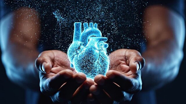 Healthcare innovation and medical biotech transformation through human touch. Glowing anatomical heart made of luminous blue particles pulsing in cupped hands on a dark navy background.